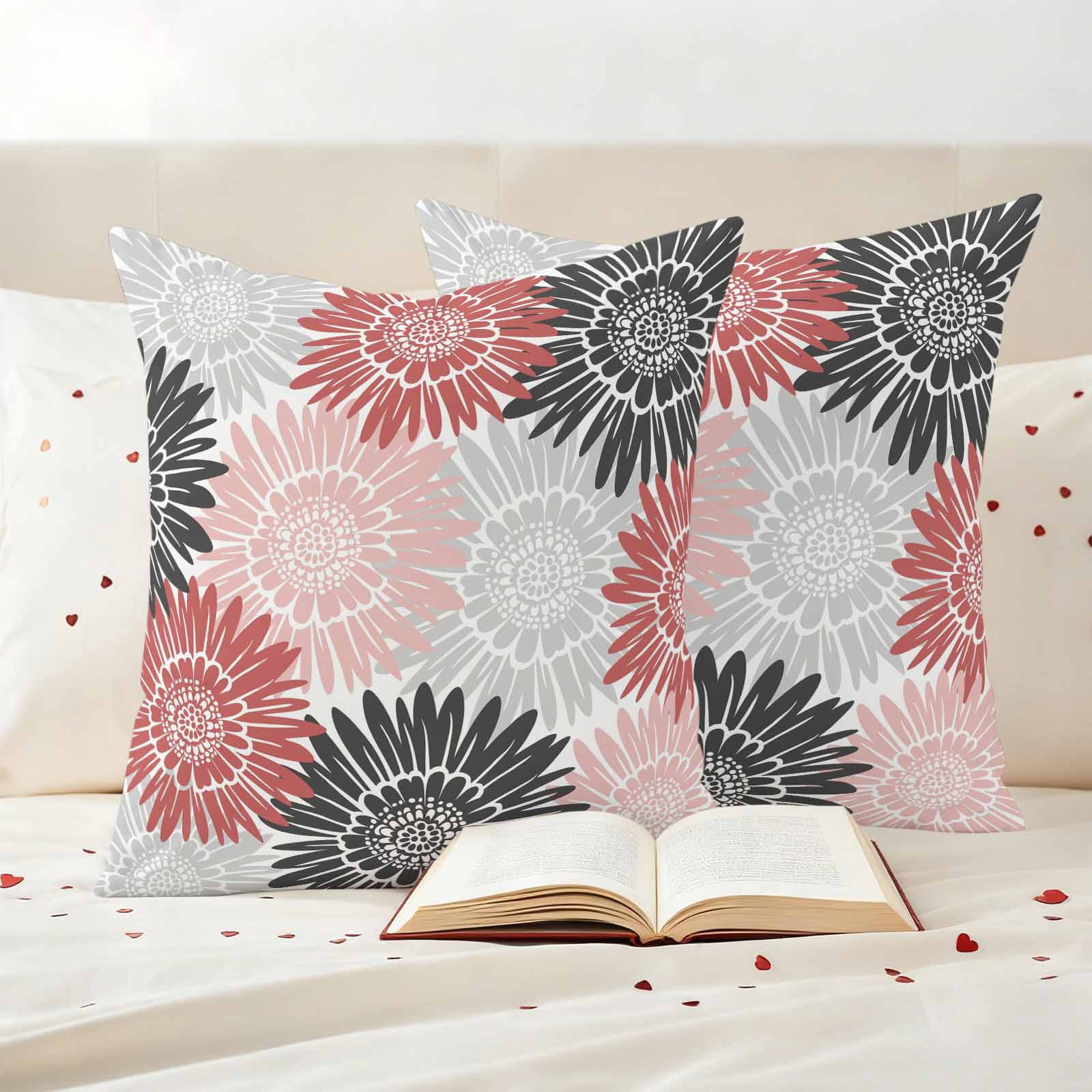 Red Pink Grey Sunflowers Outdoor Waterproof Throw Pillow Covers 20x20 Set of 2, Boho Retro Floral Rustic Blossom Pillowcases Cushion Pillowcase for Couch Sofa Patio Outside Pillow Protector
