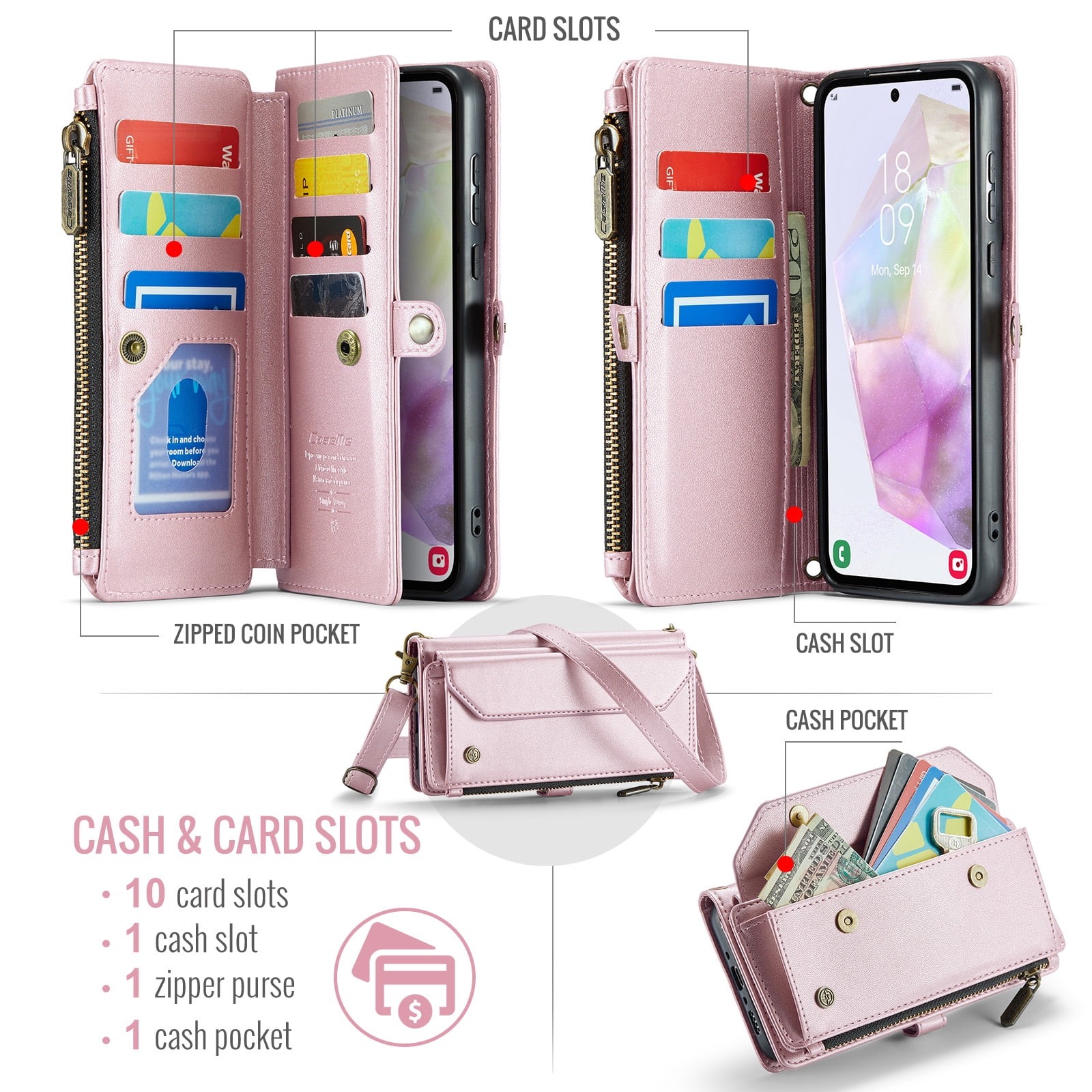for Samsung Galaxy A14 5G Full Body Protection Wallet Folio Flip Case, Shoulder Strap & Wristlet Card Slots Zipper Pocket RFID Blocking Rugged Durable PU Leather Phone Case Cover, Pink