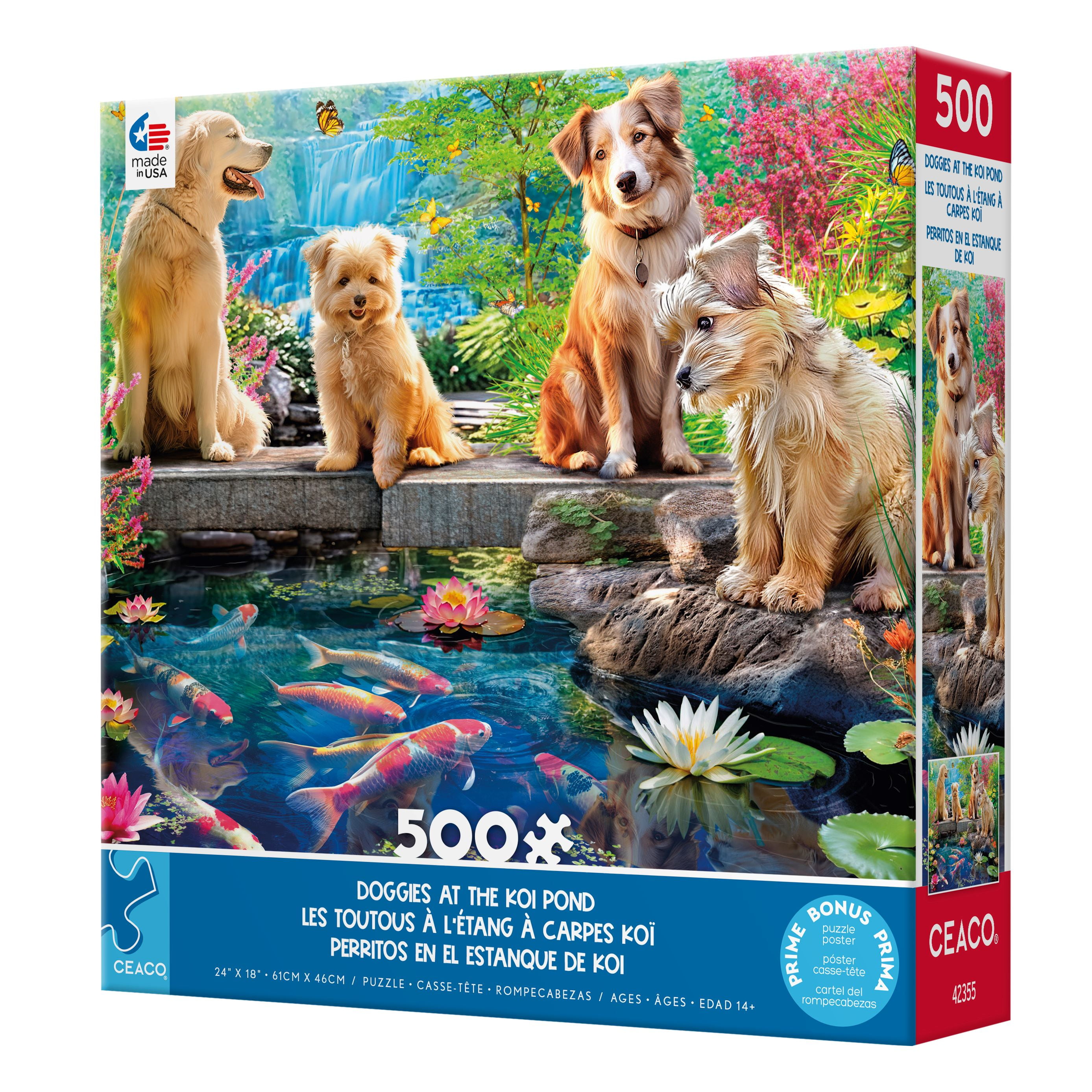 Ceaco 500 Piece Doggies at the Koi Pond (Angelo Bonito) Interlocking Jigsaw Puzzle