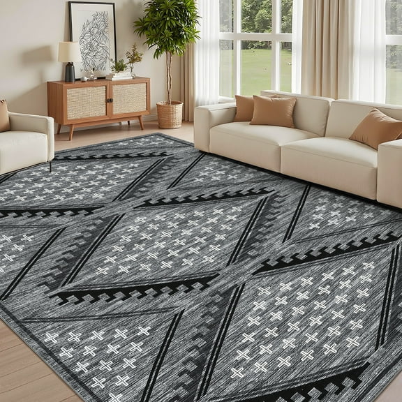 Garvee 10'x13' Modern Geometric Area Rug Washable Rug, Non Slip Non Shedding Carpet Low Pile Indoor Floor Mats for Living Room Bedroom Home Decor, Gray