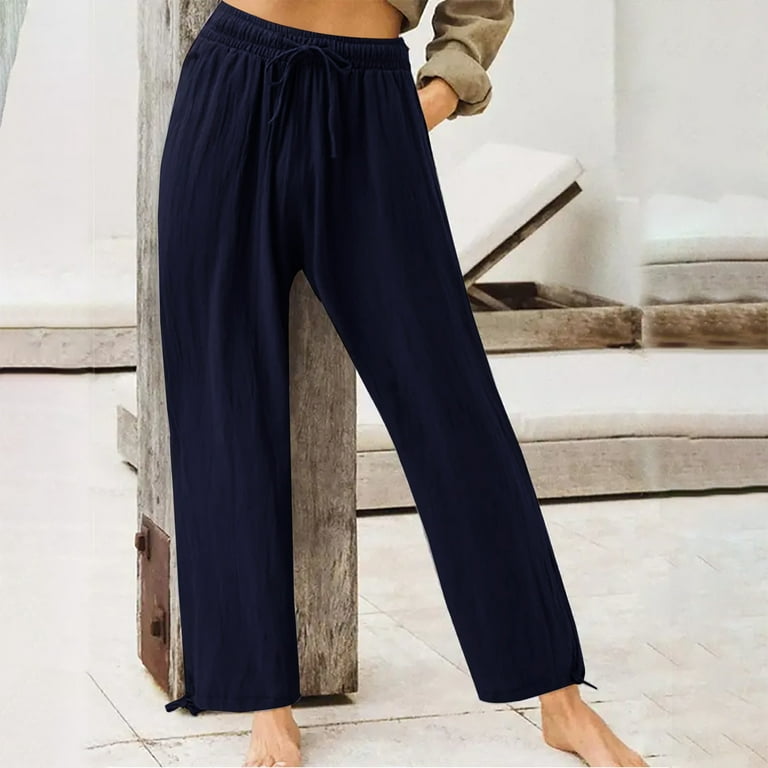 Plus Size Wide Leg Pants for Women Summer Casual Loose Fitting Lounge Pant  Slacks Trousers Drawstring Solid Color (Small, Dark Blue) 