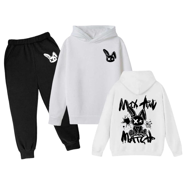 YOUSNH Girls Outfit Sets Children's Medium and Large Children's Long Sleeve Cartoon Rabbit Print Hoodie Top Hoodie Pants Set Clothes Set White 4-5 Years
