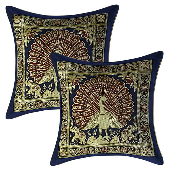 Stylo Culture Indian Christmas Brocade Navy Blue And Gold Throw Pillow Covers 12x12 Jacquard Weave Sofa Christmas Pillow Covers Dancing Peacock Floral 30x30 cm Decorative Cushion Covers (Set Of 2)