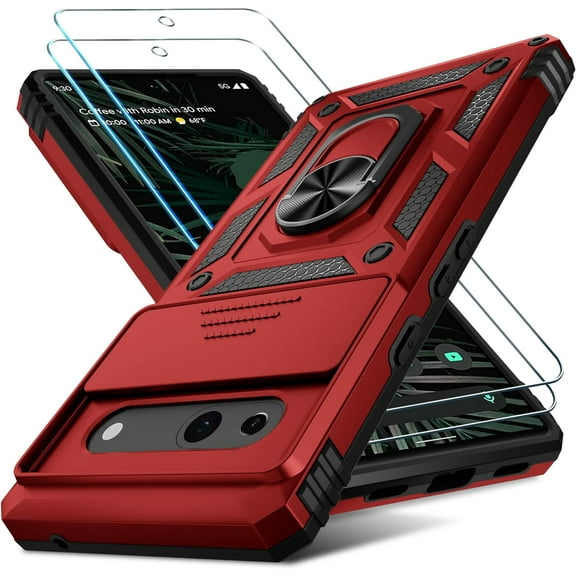 Google Pixel 7a Case Finger Ring Holder Kickstand,Heavy Duty Shockproof Full Body Protective Cover,2023 Red