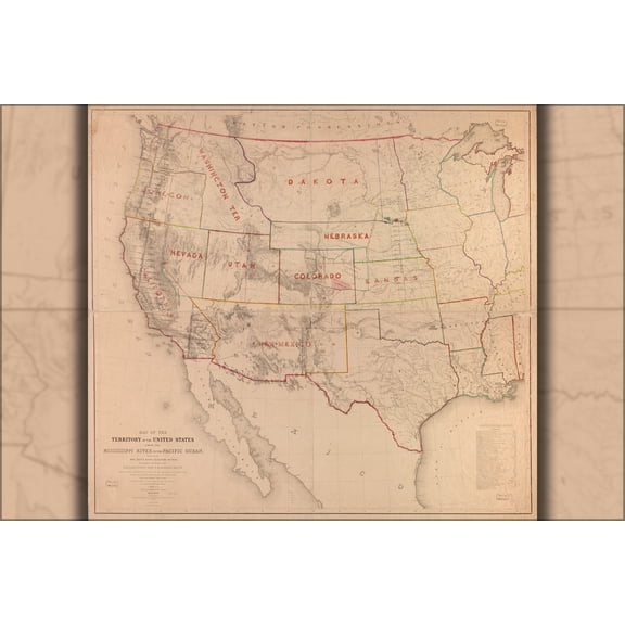 24"x36" Gallery Poster, Map of western United States of america 1858