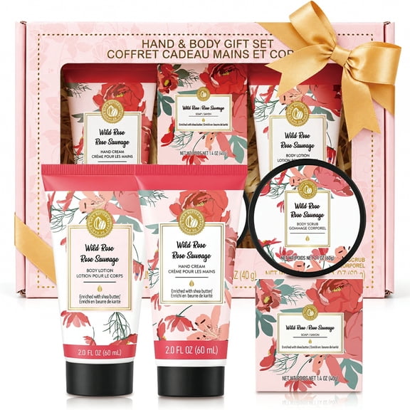 Spa Gift Set for Women, 4PCS Rose Shea Butter Moisturizing Self Care Kit with Hand Cream, Body Lotion, Soap & Body Scrub Birthday for Her