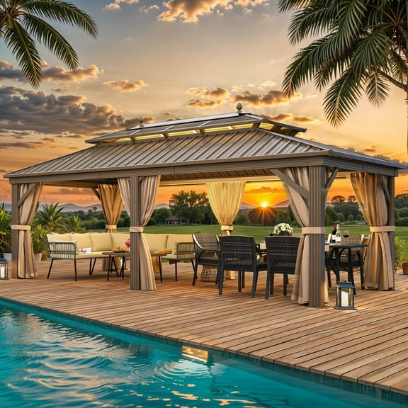 ModFusion 12' x 20' Double Roof Hardtop Gazebo with Heavy Duty Aluminum Frame, Nettings and Curtains in Brown