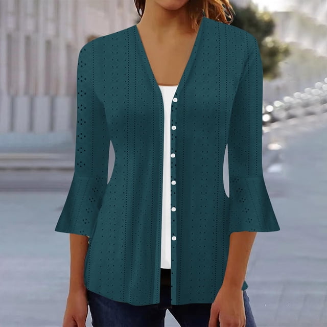 VKOYWKM 3/4 Length Sleeve Womens Tops Trendy Eyelet Embroidery Tees Button Down V Neck Pullover Tops Solid Color Ruffle Bell Sleeve Tunic Blouses