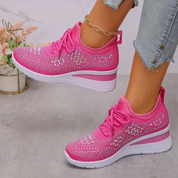 SCHUHLAND Women's Hot Pink Crystal Knitted Sneakers, Rhinestone Platform Wedge Casual Slip-On Shoes (6cm Heel)