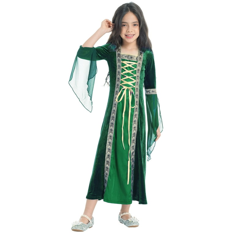 Aislor Kids Girls Vintage Renaissance Medieval Costume Velvet Princess Maxi  Dress 4-16 Green 14 - Walmart.com