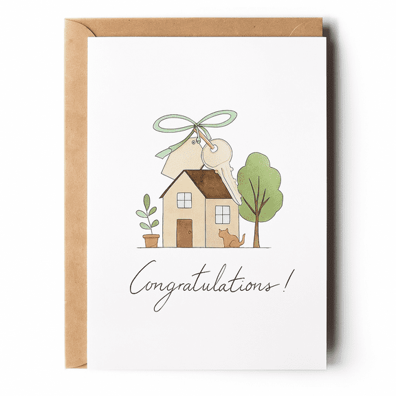 Congratulations Card for New Homeowners – Cute House Illustration with Keys & Plants – Blank Inside – Perfect for Housewarming Gift, New Home Celebration