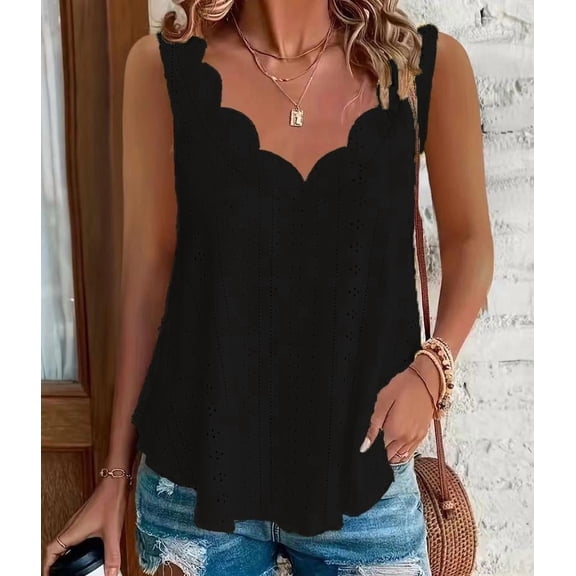 qucoqpe Plus Size Summer Tank Tunic Tops for Women Fashion Casual Solid Color Scalloped V ‌Neck ‌Sleeveless Flowy Blouses Trendy Loose Fitted Going Out Shirts