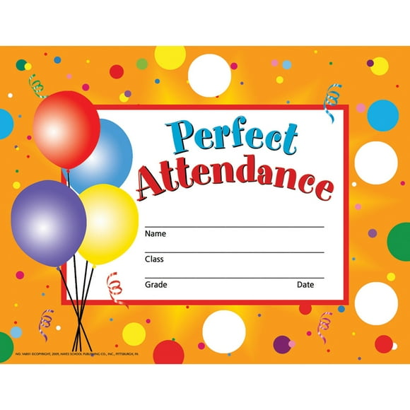 Perfect Attendance Certificates & Reward Seals - 30 8.5" X 11" Certificates, 160 Seals