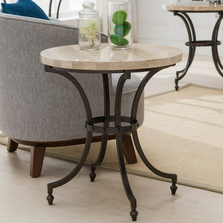 Leick Home Round Travertine Stone Top Side Table With Rubbed Bronze Metal Base