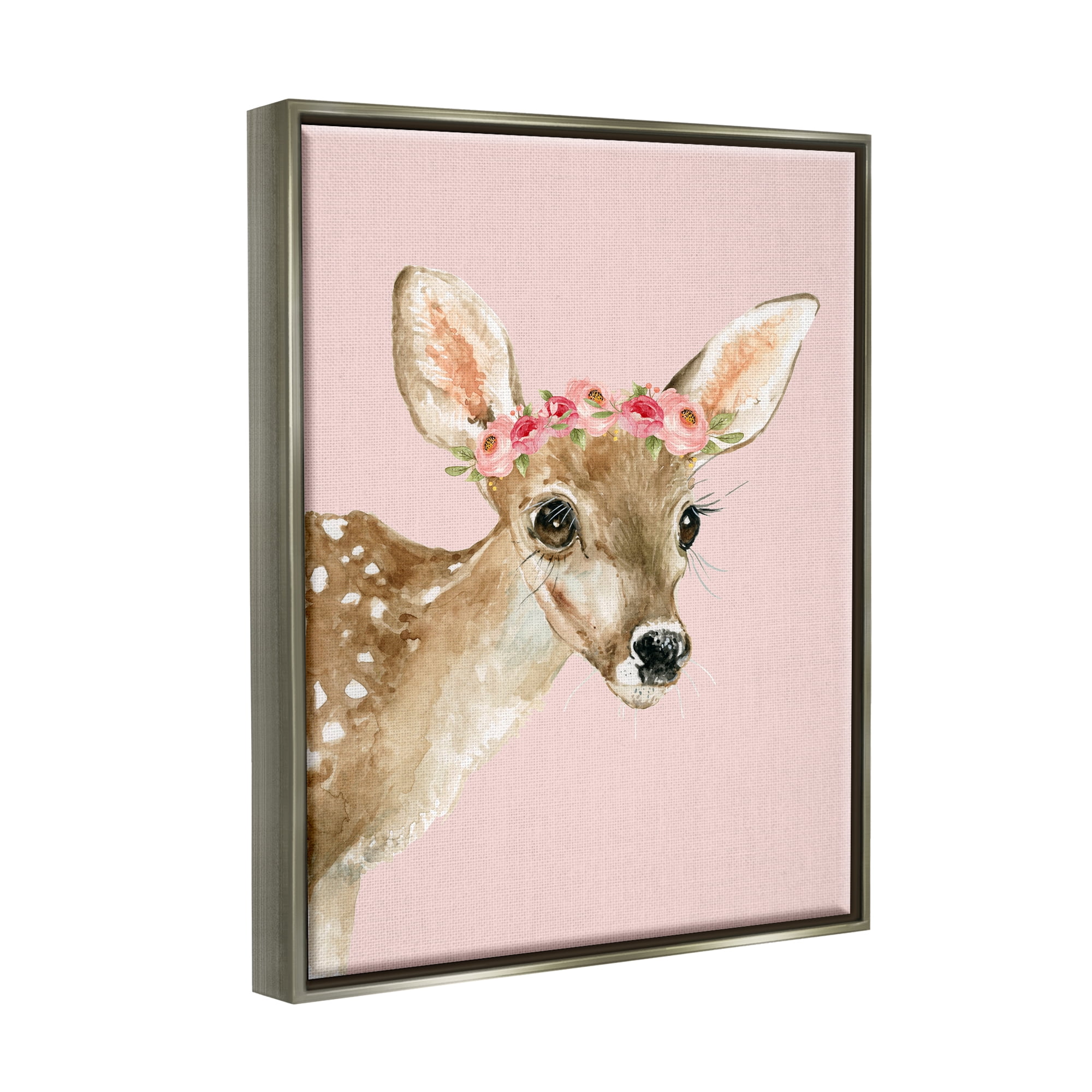 Stupell Industries Baby Deer Flower Crown Animals & Insects Painting Gray Floater Framed Canvas Art Print Wall Art, 17 x 21