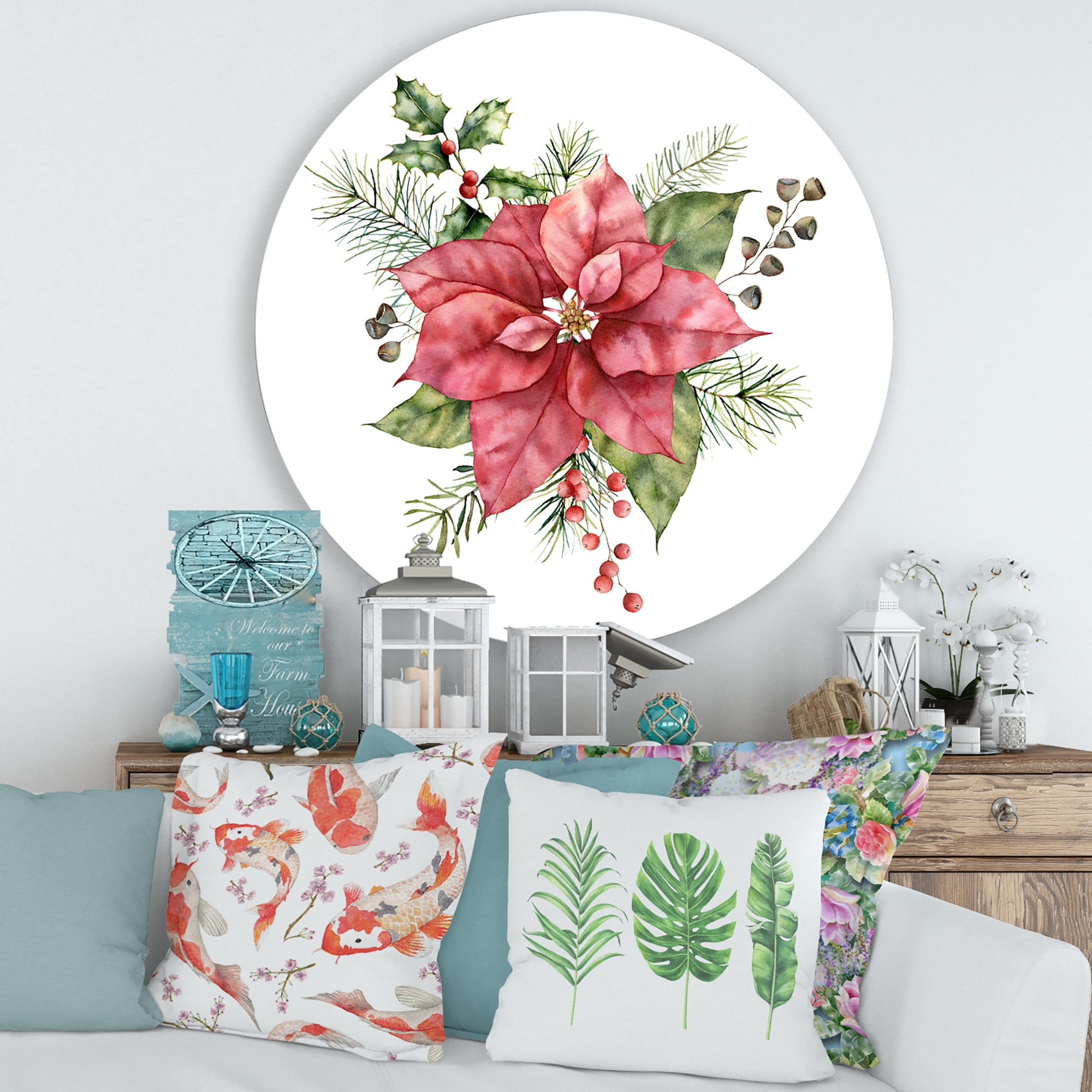 Designart 'Christmas Fir Branch and Holly Mistletoe Berries II' Traditional Circle Metal Wall Art 36x36 - Disc of 36