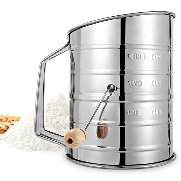 BADIANO 3 Cup Stainless Steel Rotary Hand Crank Flour Sifter with 2 Wire Agitator for Baking,Silver