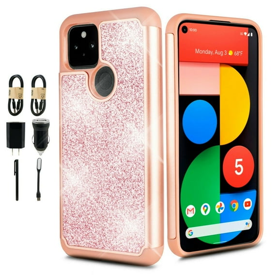 Value Pack for Google Pixel 5 5G with Temper Glass Glitter Hard Case Hybrid Cell Phone Case Glitter Shock proof Edge Slim Bumper Scratch Cover