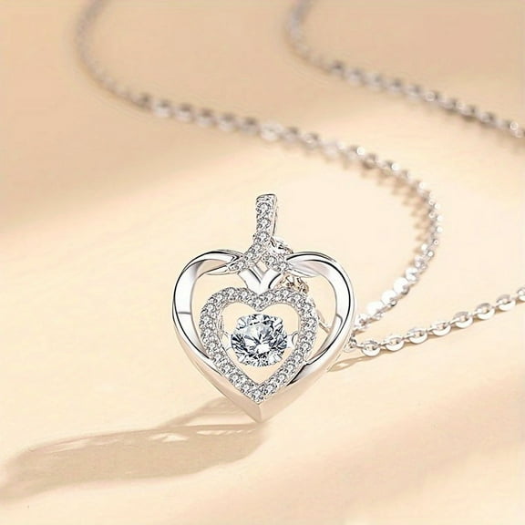 APIPEE Elegant Vintage 925 Sterling Silver Heart Pendant Necklace with Synthetic Cubic Zirconia, 18K en Plated, Adjustable Chain, Sweet Peach Love Heart Design,