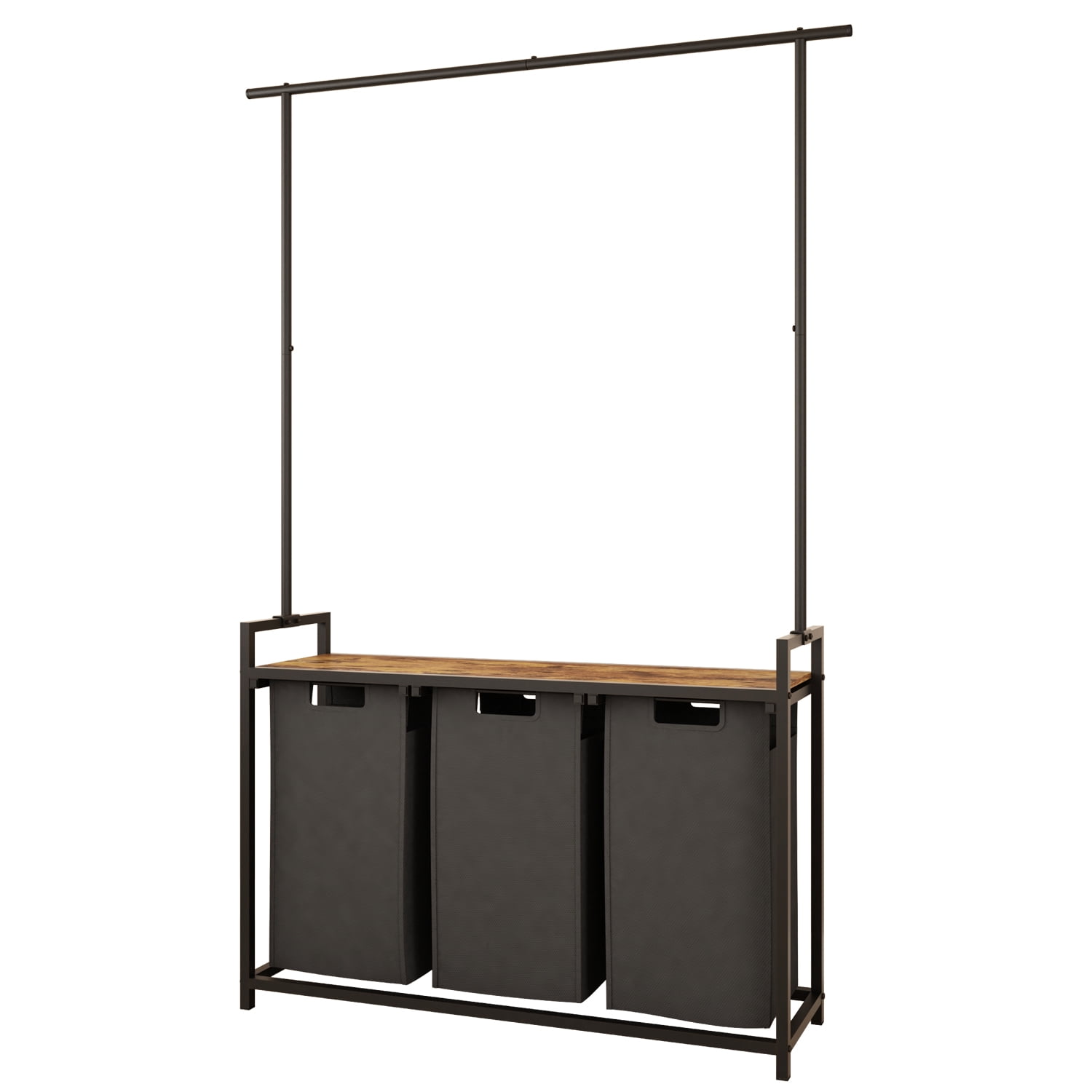 LENLN Large Laundry Hamper with Clothes Rack Hanging Bar, 3 Section Pull-Out & Removable Sorter Bags, Freestanding Laundry Basket Organizer for Bathroom