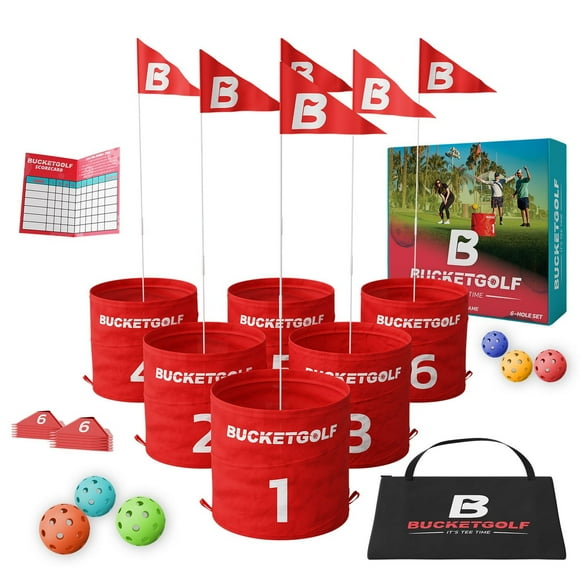 BucketGolf 6 Hole Course - The Ultimate Backyard Golf game for all levels, adults, kids, and families. Play on vacation, park, beach, camping.
