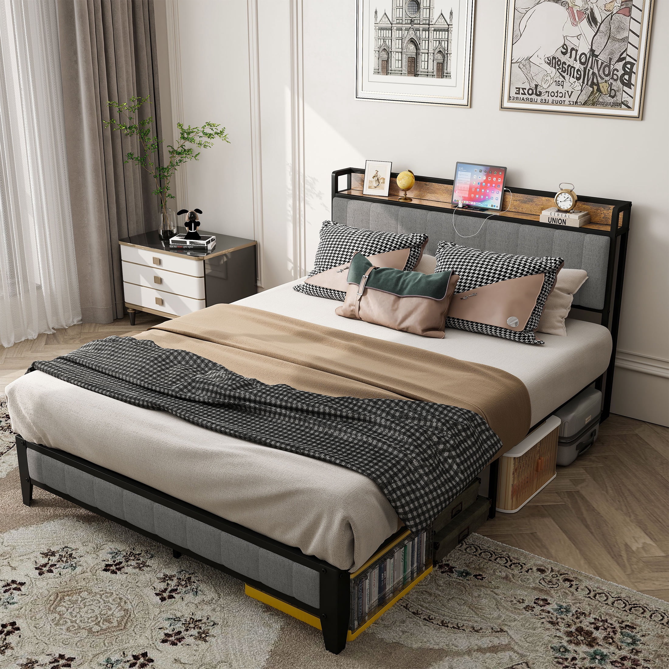 PORKISS Queen Size Bed Frame, Metal Platform Bed with Upholstered Headboard and Charging Station, Modern Queen Bed Frame with Metal Slats for Adults, No Box Spring Needed, Light Grey