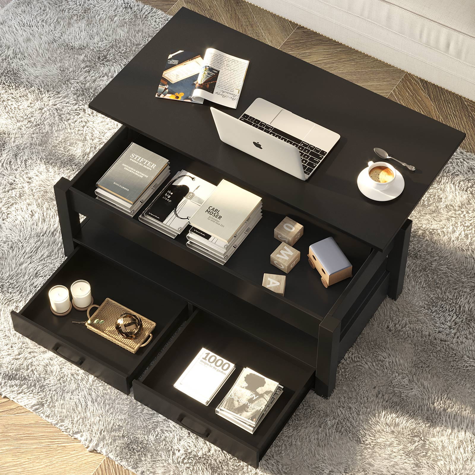 Greenstell Coffee Table, 41.7" Lift Top Coffee Table with Drawers and Hidden Compartment, Black