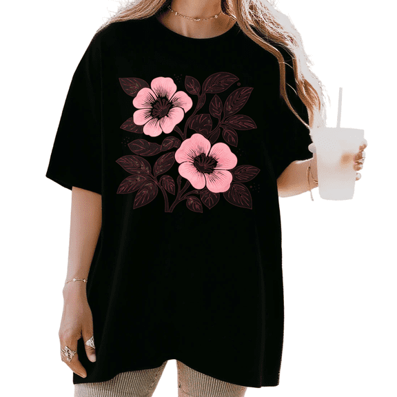 UNISHE Women's Minimalist Pink Floral With Leaves Graphic Short Sleeve T-Shirt Comfortable Casual Crewneck Top