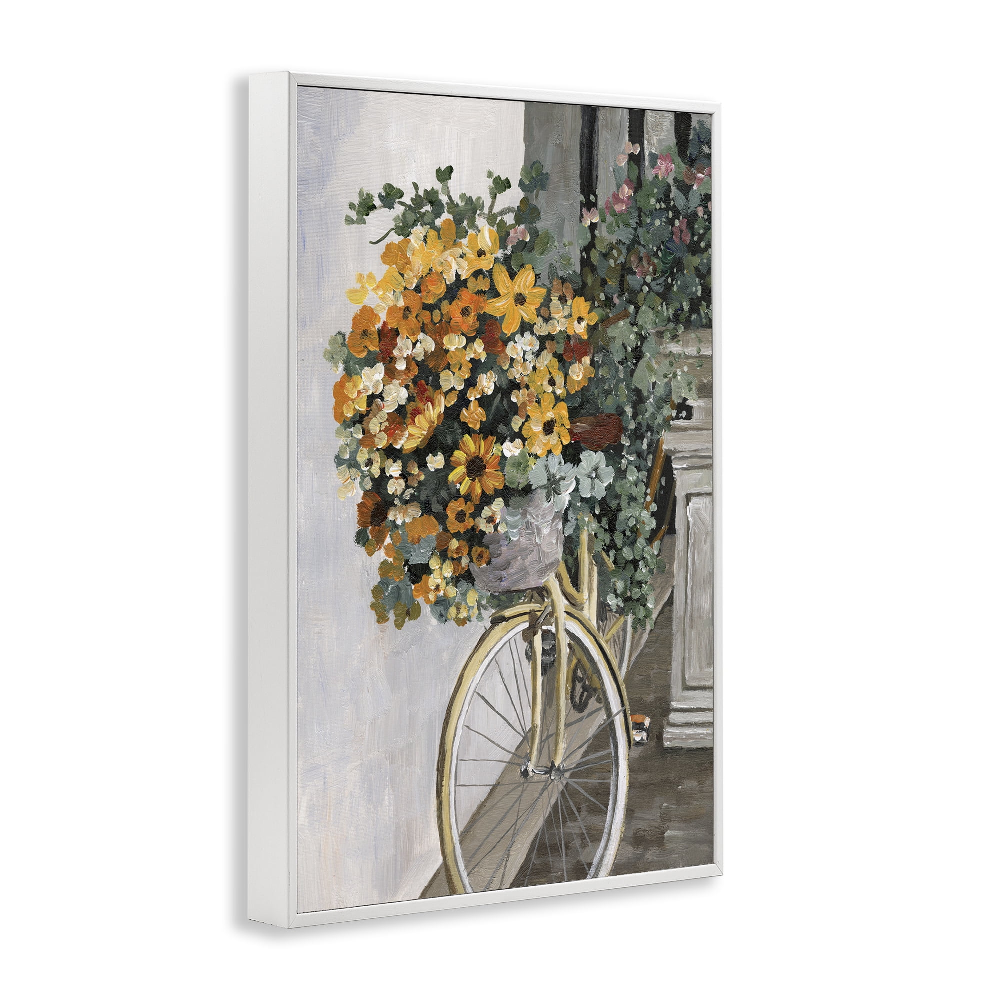 Stupell Industries Bouquet on Bicycle Botanical & Floral Painting White Framed Art Print Wall Art, 12 x 18