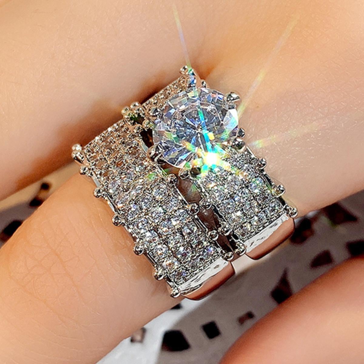 VOLALO 2pcs His and Hers Wedding Ring Sets Couples Engagement Rings Women and Men 925 Sterling Silver AAA Cubic Zirconia Shining Double Layer Platinum Plated