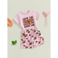 thumbnail image 3 of Suealasg 2Pcs Toddler Kids Girl Summer Outfits Cute Bow Football Print Short Sleeve Tops + Shorts Set Little Girl Casual Clothes 0-5 Years, 3 of 7