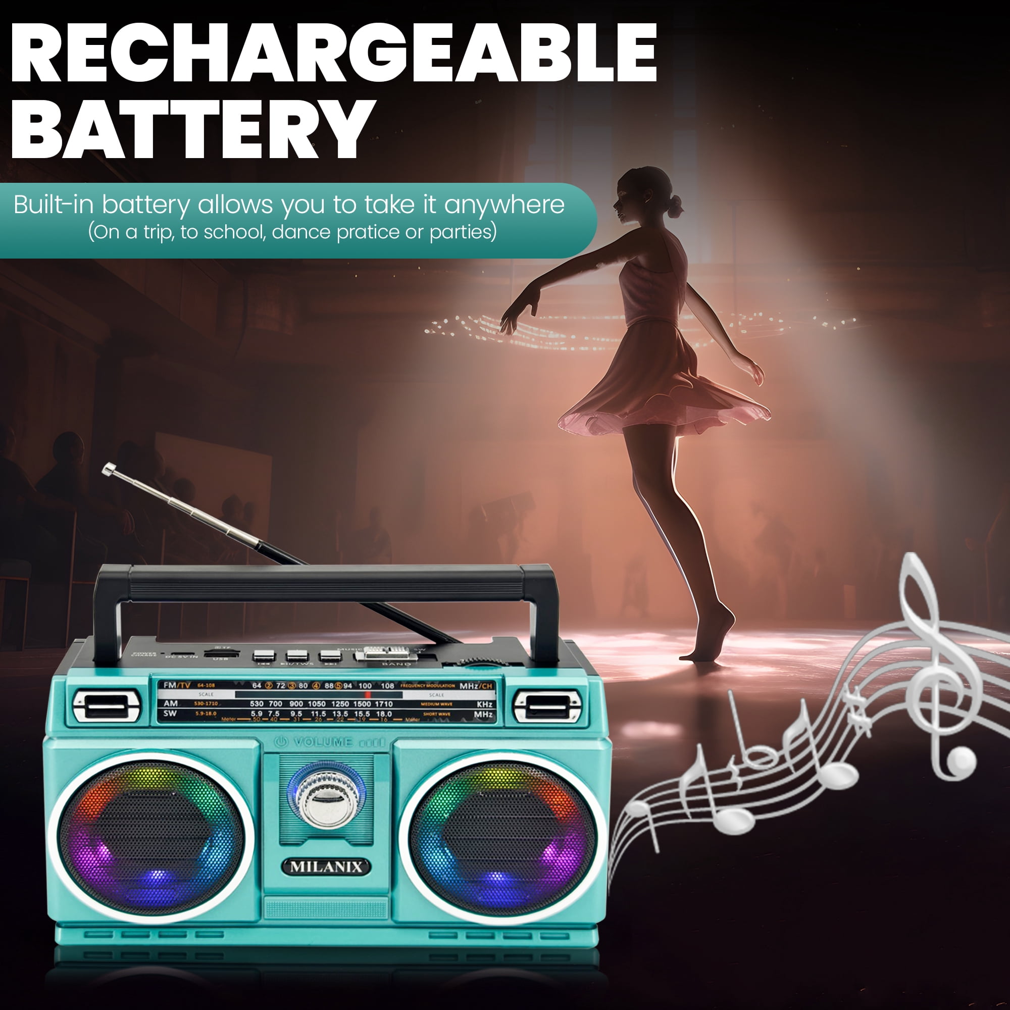 Milanix Bluetooth Battery Dual Speakers Compact Portable AM/FM Radios, Turquoise