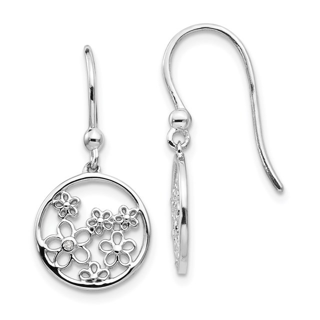 925 Sterling Silver Diamond Flower Shepherd Hook Drop Dangle Earrings