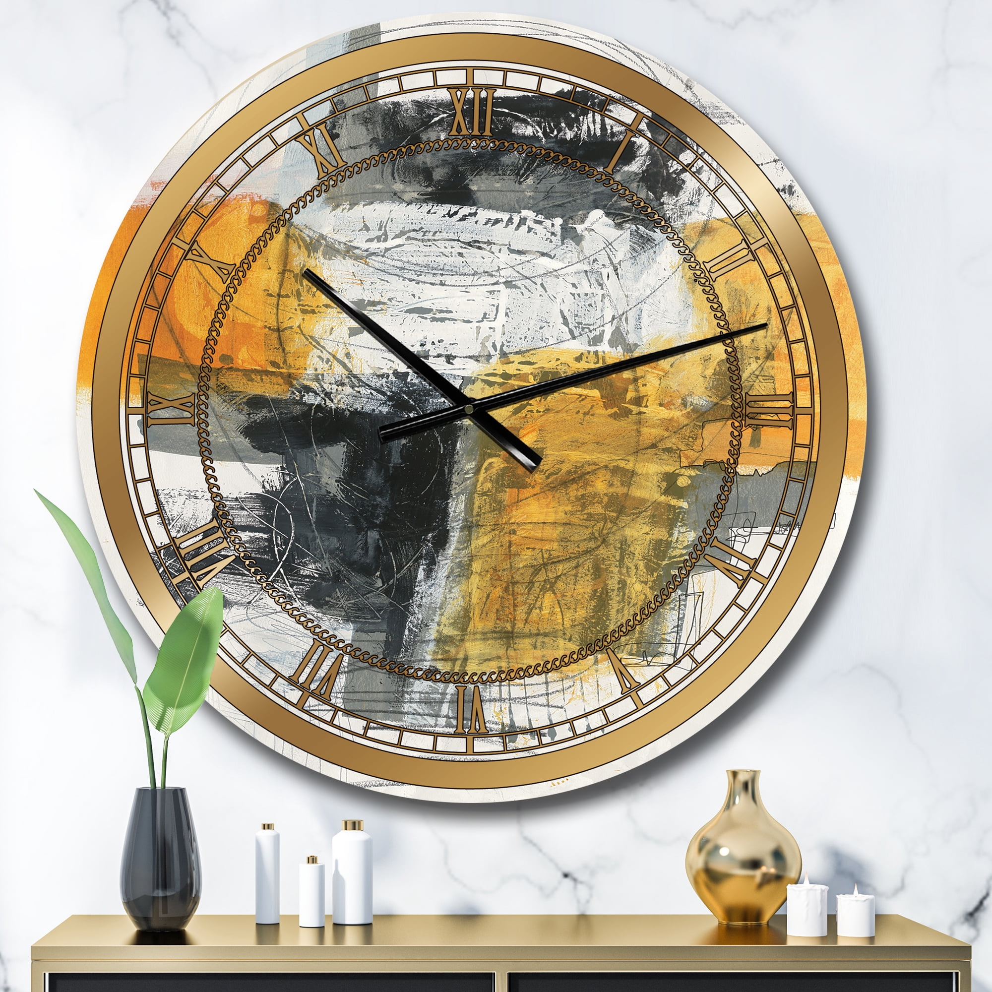 Designart 'Abstract Composition of Glamorous Yellow and Black' Glam wall clock