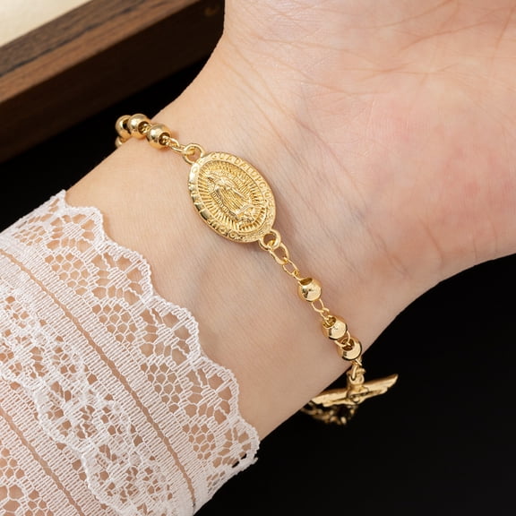Crucifix and Our Lady of Guadalupe Beaded Bracelet For Men Women 14K Gold Filled Sacred Refined Jewelry