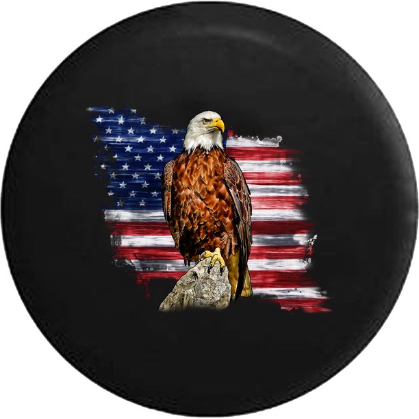 Rustic Vintage American Flag Bald Eagle Pearched on Stone Spare Tire