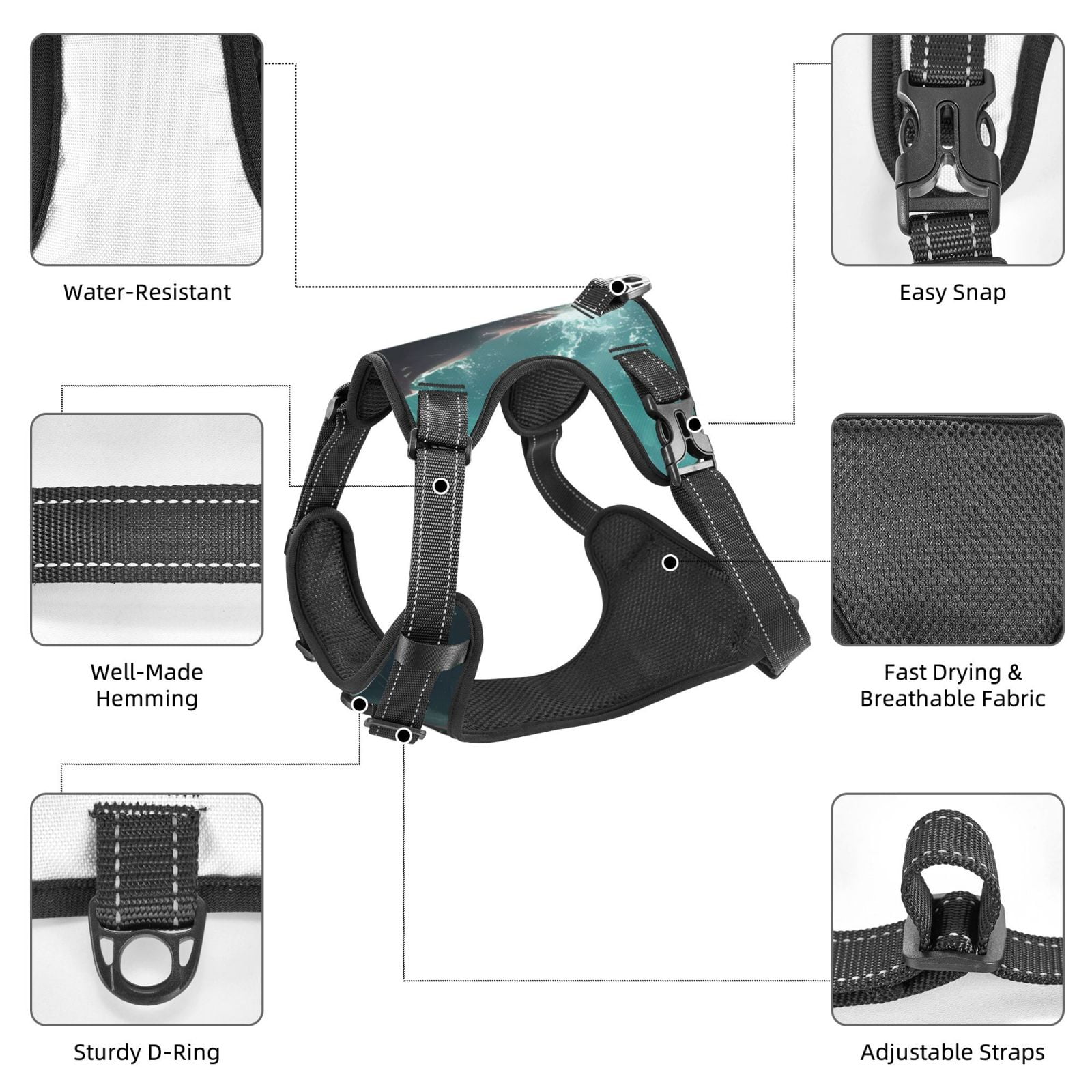 Kdxio Surfing Shark Print No Pull Dog Harness Adjustable Reflective Oxford Easy Control Medium Large Dog Harness for Training and Everyday-