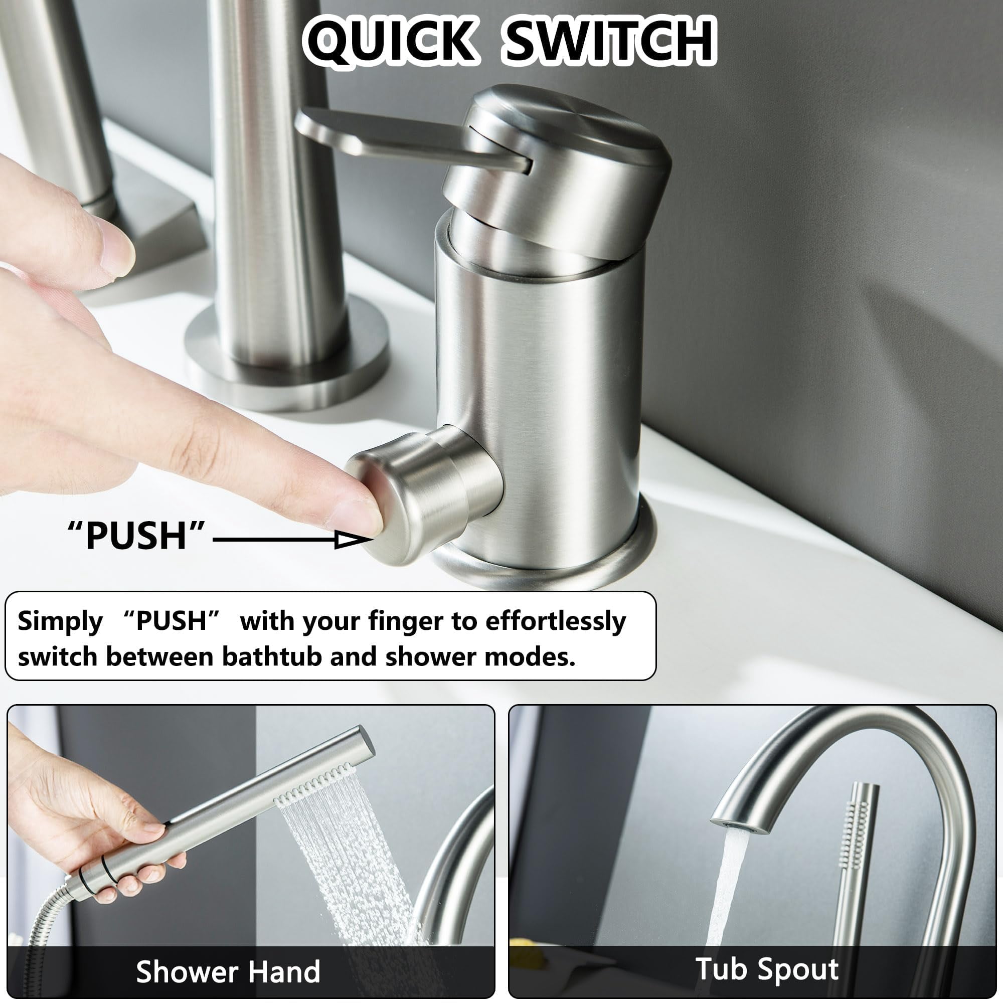 Roman Tub Faucet With Hand Shower 3 Hole Deck Mount Filler Bathtub Sprayer High Flow Set Brush Nickel