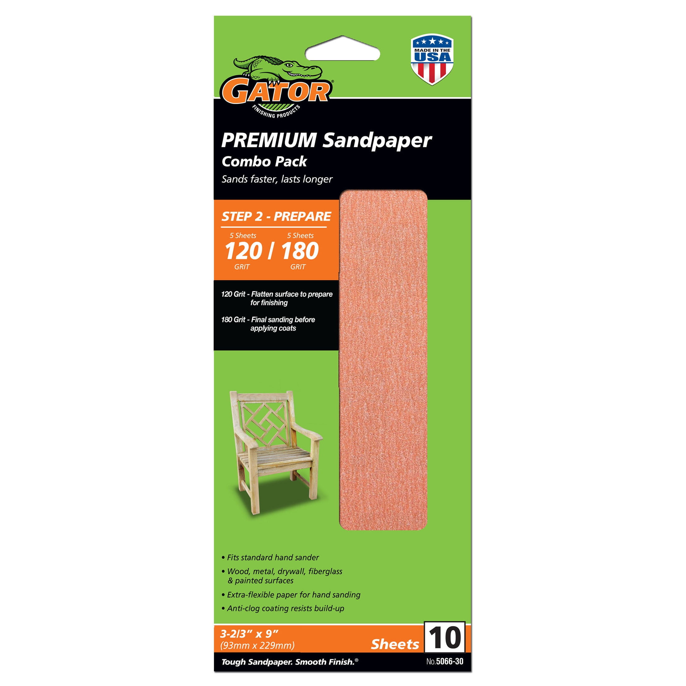 (3 pack) Gator 506630 3-2/3 in x 9 in 120/180 Grit Premium Sandpaper Combo Pack, 10 Pieces