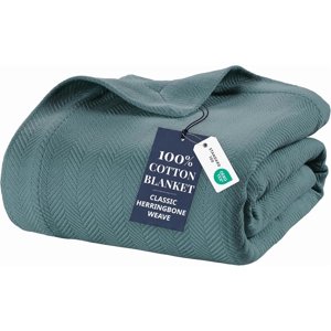 100% Cotton Queen Blanket Soft Medium Weight Herringbone Weave Teal