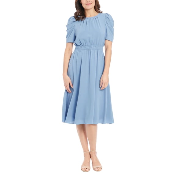 London Times Shirred Neck Caterpillar Sleeve Midi Dress Color: LIGHT BLUE, Size: 6