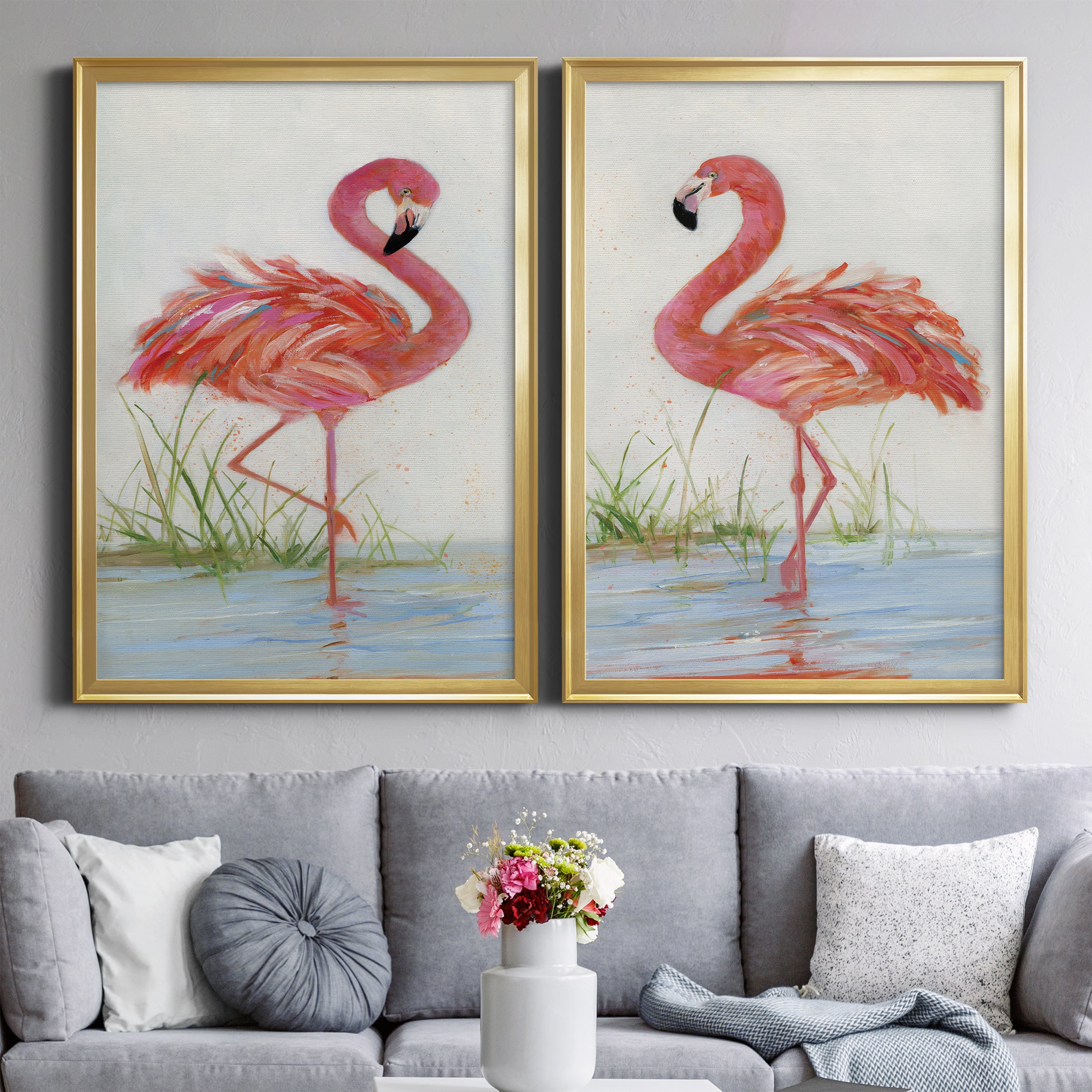 2 Piece Set Flamingo I Premium Framed Canvas - Ready to Hang - 26.5 x 36.5 Each - Gold Frame