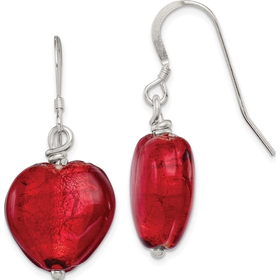 Sterling Silver Red Murano Glass Heart Dangle Earrings (38 X 17) Made In India qe2873