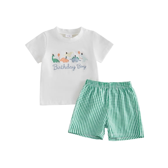 BemeyourBBs Toddler Baby Boy Birthday Outfit 6 12 18 24 Months 2 3 4 Years Baby Boy Summer Clothes Cute Animals Dinosaurs Embroidery Short Sleeve T Shirt Tops with Plaid Pockets Shorts 2Pcs Set