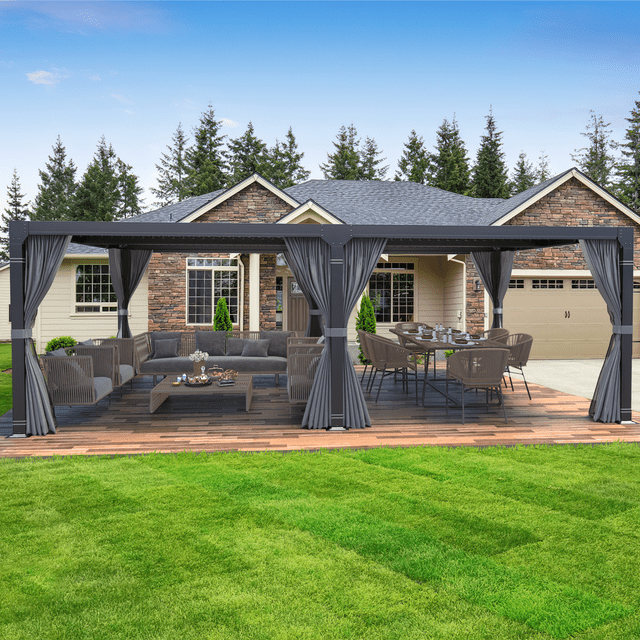 Hommow Pergola Extérieure à Persiennes 12'x20 Pieds avec Toit en Aluminium Imperméable et Ajustable