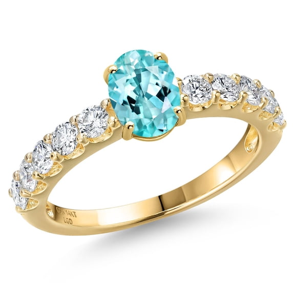 Gem Stone King 14K Yellow Gold Blue Apatite and Lab Grown Diamond Engagement Ring for Women | 1.47 Cttw | Oval 7X5MM | Gemstone Birthstone | Size 6