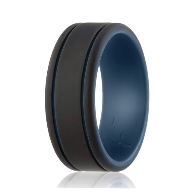 Anillo de bodas de silicona - Colección Duo 2 líneas finas - Azul-Negro de ROQ para hombre - Anillo de 14 mm