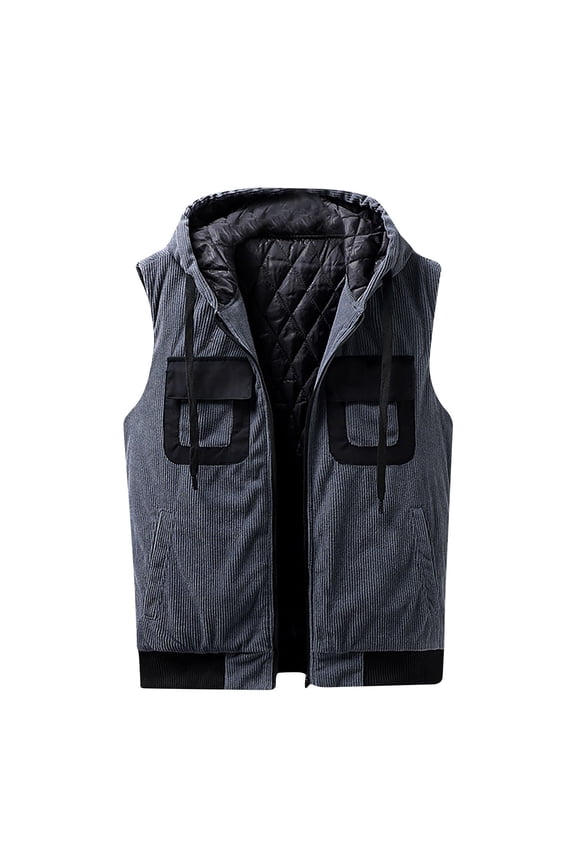 Mens Winter Jacket Zipper Hooded Draswtring Solid Color Sleeveless Jacket Fashion Hooded Tank Tops Jacket with Pocket Gray XL