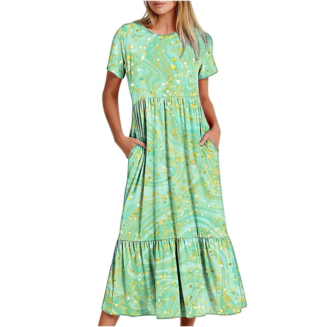 Penkiiy Robe d'Été Décontractée à Manches Courtes pour Femmes, Col Rond, Robe de Plage Maxi Fluide à Étages avec Poches, Imprimé Brillant, 2TG, Vert Menthe
