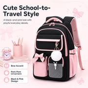 Girls School Backpack,Laptop Bookbag with Trolley Strap,Lightweight School Bag with Bow & Pom-Pom,Elementary Middle School Girls Backpack